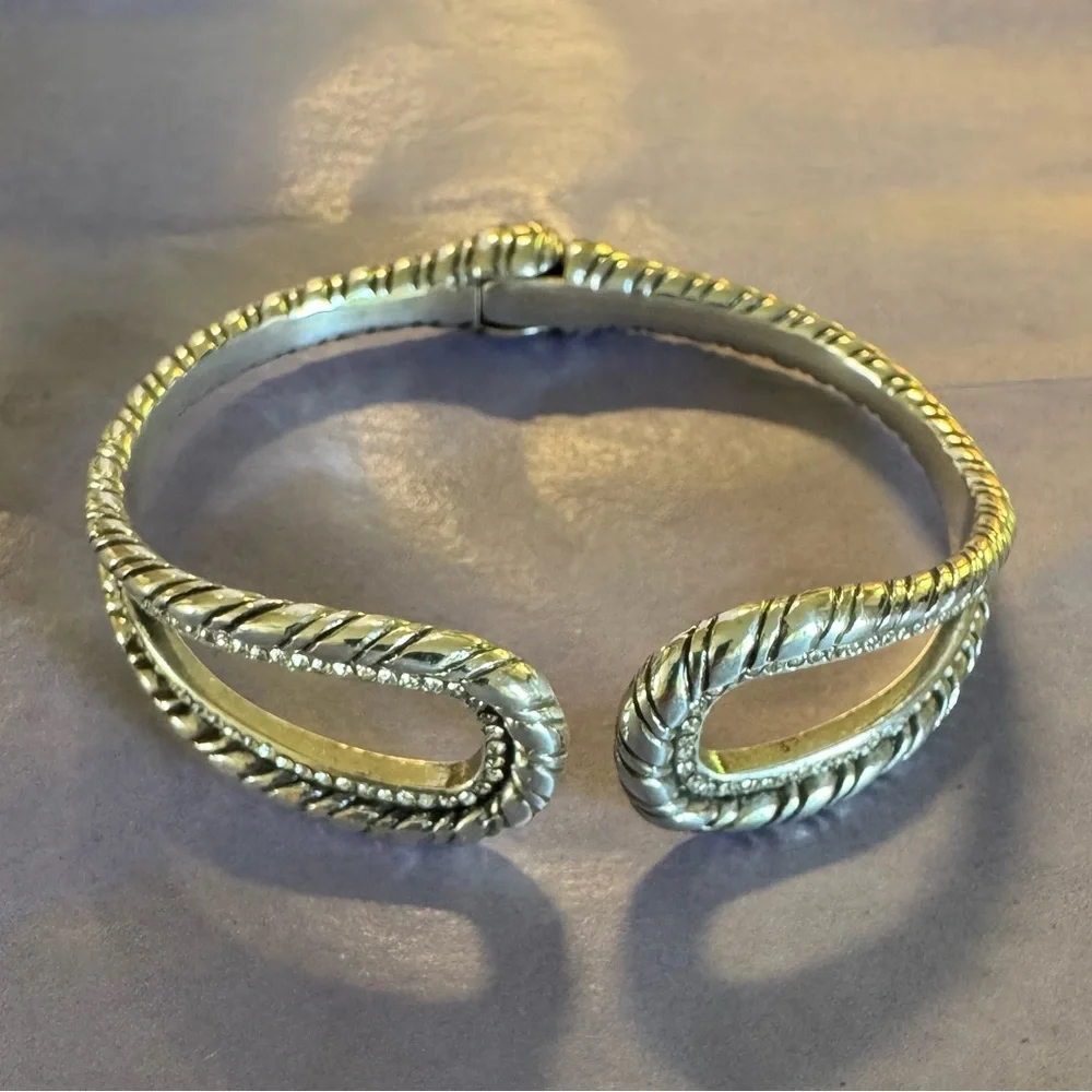 Brighton Silver-Tone Rope Detail Teardrop Cuff Bracelet with Crystal Accents